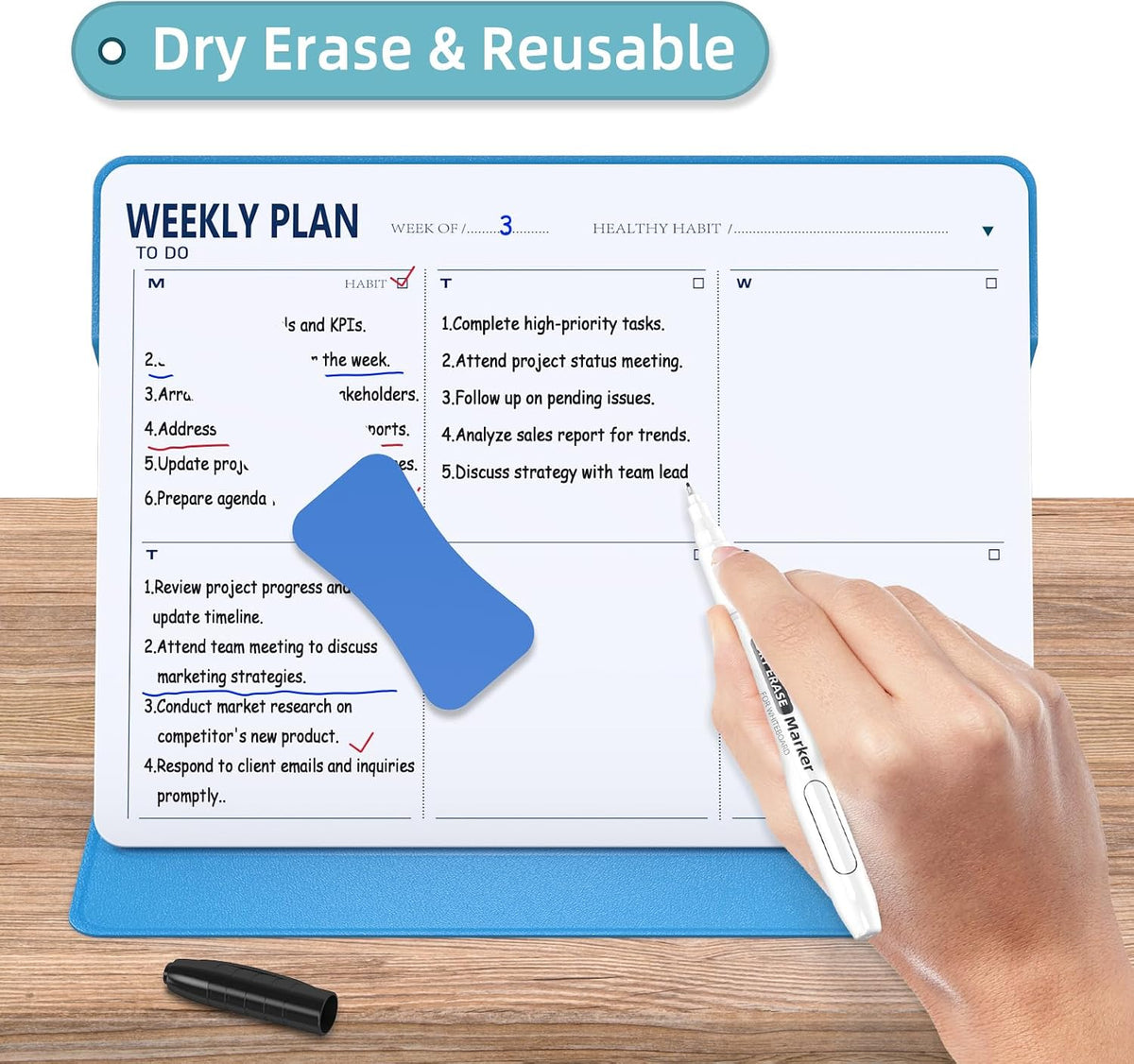 Magnetic Weekly Dry Erase Board,Portable Weekly Planner Whiteboard,Desktop Weekly Calendar White Board,to do List White Board 9.5"x7" Schedule Board Message Board for Office Home School (Blue)