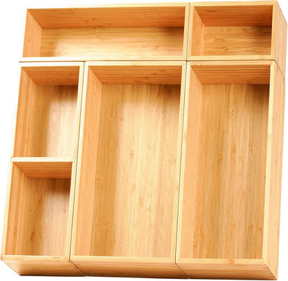 Drawer Organizer Storage Boxes, 2.5" High Bamboo Drawer Dividers, 5 Rearrangeable Bins for Kitchen, Office Desktop, Clothing, Makeup, vanity, Jewelry