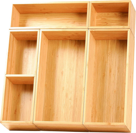 Drawer Organizer Storage Boxes, 2.5" High Bamboo Drawer Dividers, 5 Rearrangeable Bins for Kitchen, Office Desktop, Clothing, Makeup, vanity, Jewelry