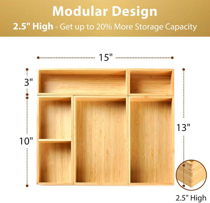 Drawer Organizer Storage Boxes, 2.5" High Bamboo Drawer Dividers, 5 Rearrangeable Bins for Kitchen, Office Desktop, Clothing, Makeup, vanity, Jewelry