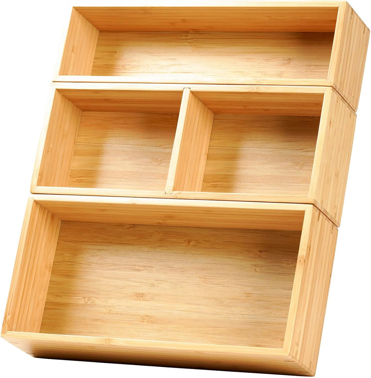 Drawer Organizer Storage Boxes, 2.5" High Bamboo Drawer Dividers, 5 Rearrangeable Bins for Kitchen, Office Desktop, Clothing, Makeup, vanity, Jewelry