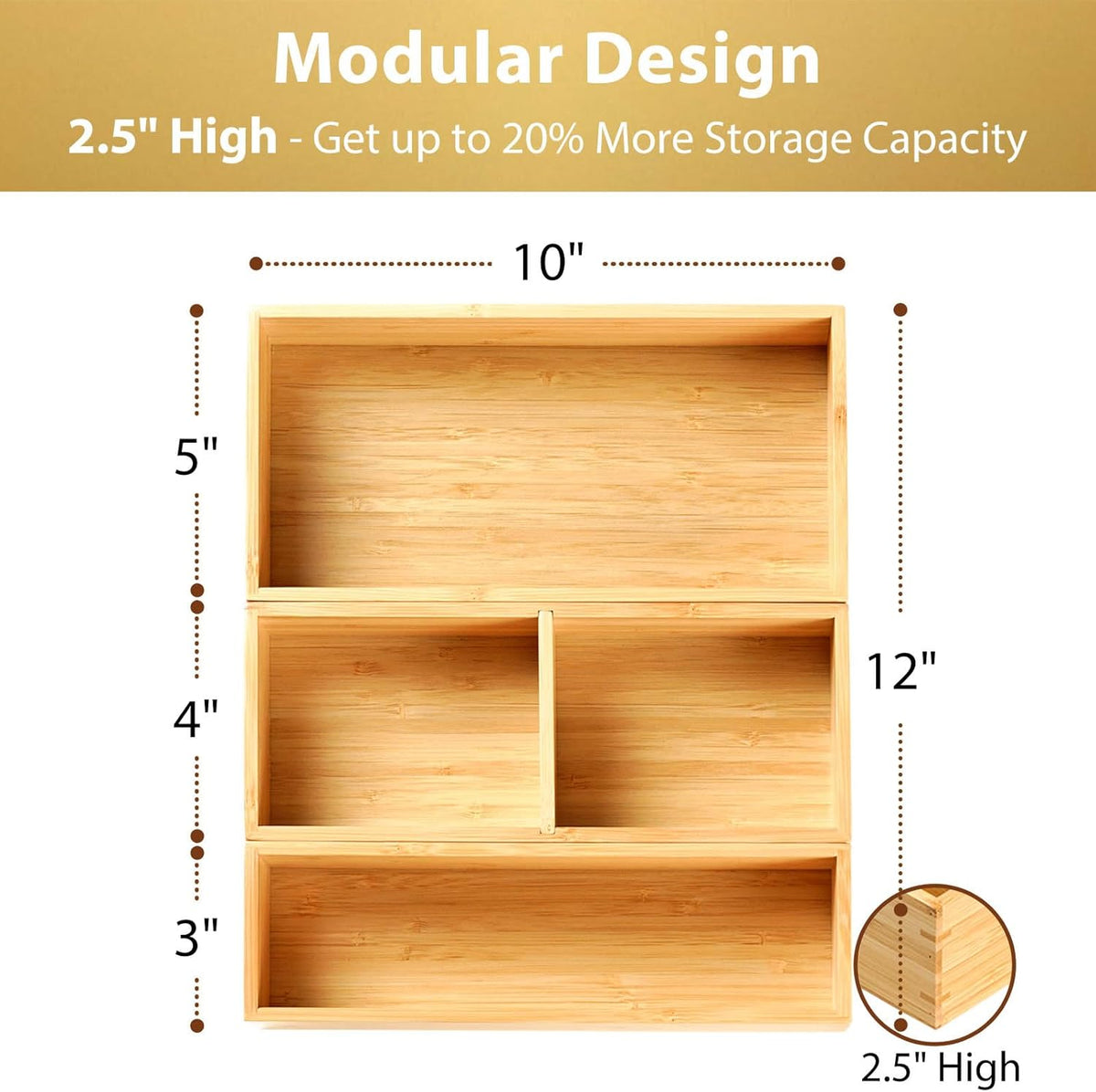 Drawer Organizer Storage Boxes, 2.5" High Bamboo Drawer Dividers, 5 Rearrangeable Bins for Kitchen, Office Desktop, Clothing, Makeup, vanity, Jewelry