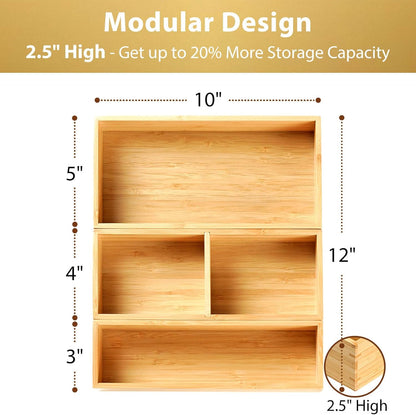 Drawer Organizer Storage Boxes, 2.5" High Bamboo Drawer Dividers, 5 Rearrangeable Bins for Kitchen, Office Desktop, Clothing, Makeup, vanity, Jewelry
