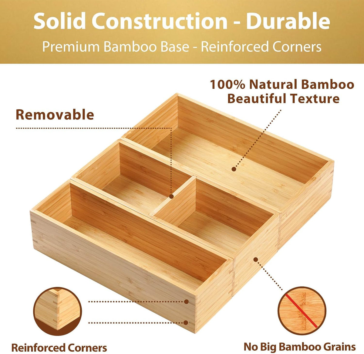 Drawer Organizer Storage Boxes, 2.5" High Bamboo Drawer Dividers, 5 Rearrangeable Bins for Kitchen, Office Desktop, Clothing, Makeup, vanity, Jewelry