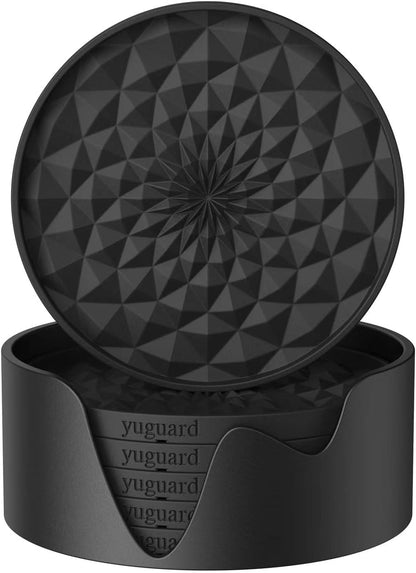 Silicone Coasters [6 Pack] with Holders Drink Coasters, Table Cup Mat, for Hot or Cold Drinks Thickened, Non-Slip, Non-Stick, Deep Tray Black