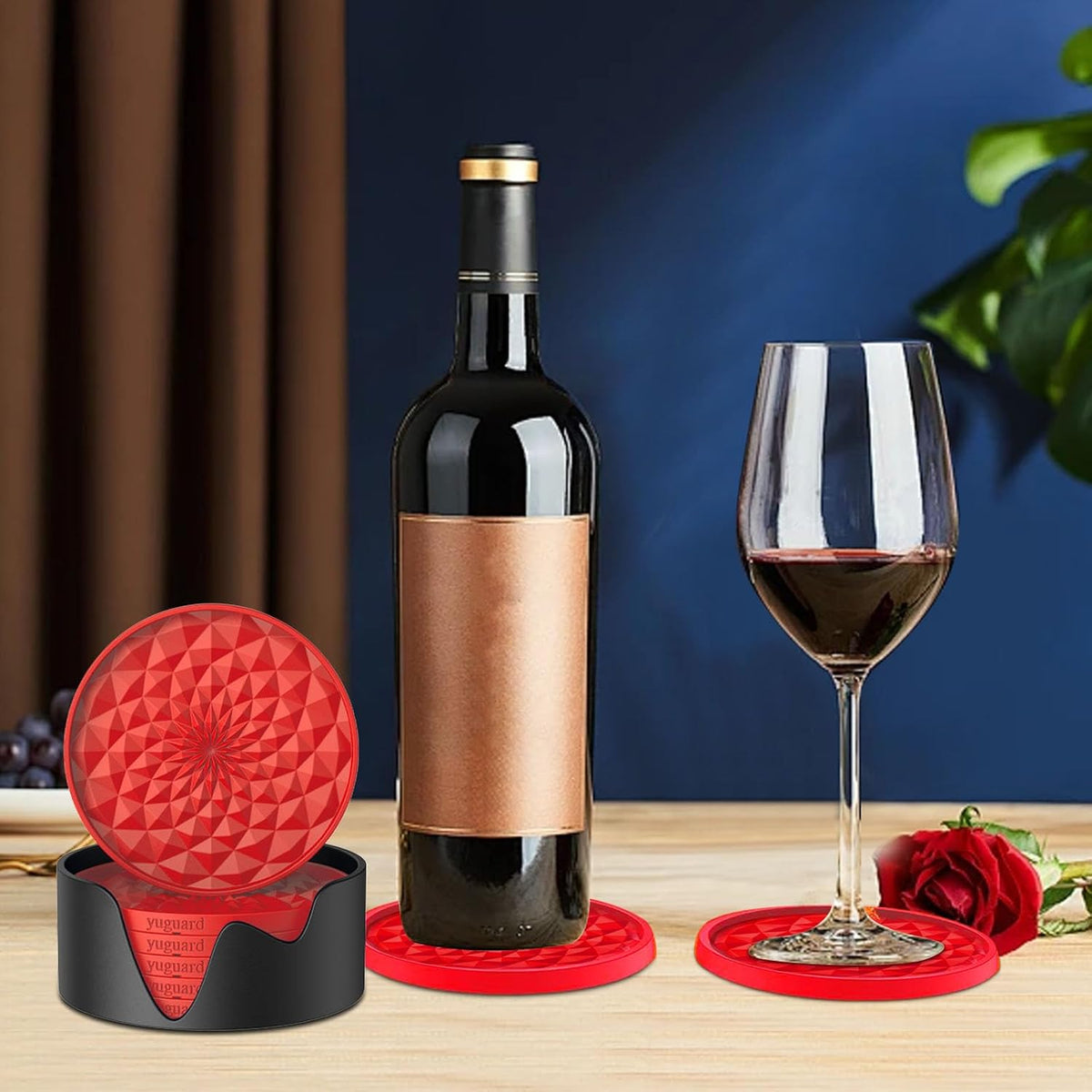 Silicone Coasters [6 Pack] with Holders Drink Coasters, Table Cup Mat, for Hot or Cold Drinks Thickened, Non-Slip, Non-Stick, Deep Tray Black