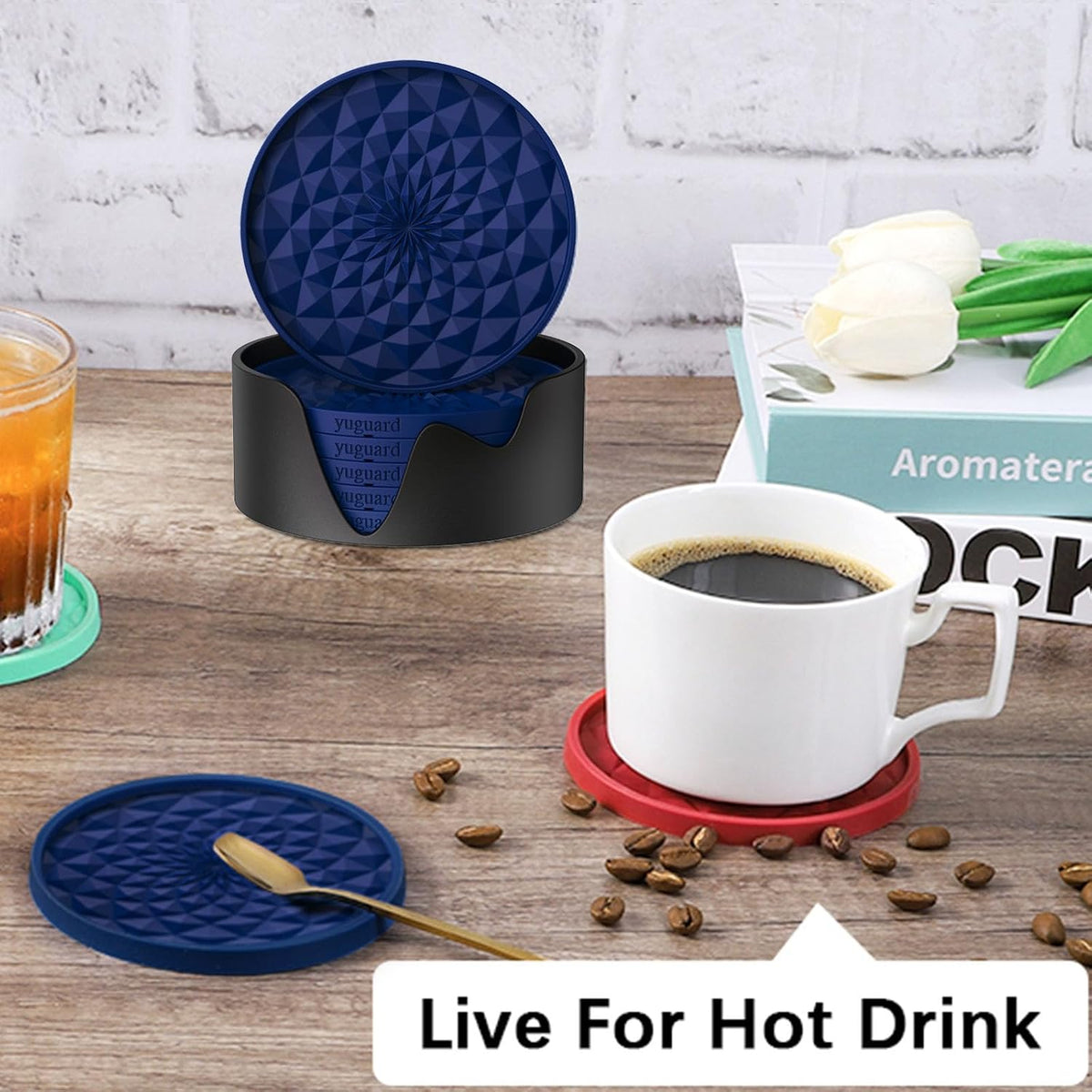 Silicone Coasters [6 Pack] with Holders Drink Coasters, Table Cup Mat, for Hot or Cold Drinks Thickened, Non-Slip, Non-Stick, Deep Tray Black