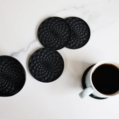 Silicone Coasters [6 Pack] with Holders Drink Coasters, Table Cup Mat, for Hot or Cold Drinks Thickened, Non-Slip, Non-Stick, Deep Tray Black