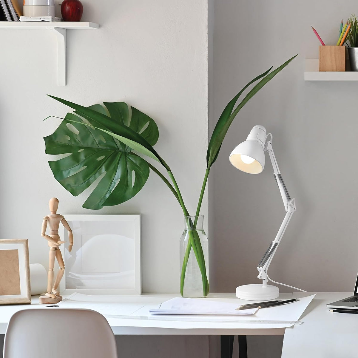 52024 28" Swing Arm Architect Desk Lamp, Matte White, Rotary Switch on Shade, Partially Adjustable Arm, Modern Lighting for Bedroom or Office, Timeless, Indoor Lights
