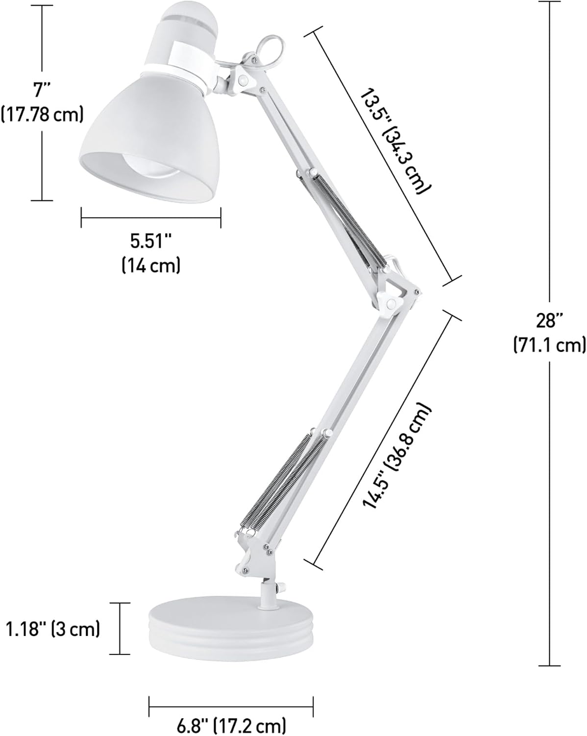 52024 28" Swing Arm Architect Desk Lamp, Matte White, Rotary Switch on Shade, Partially Adjustable Arm, Modern Lighting for Bedroom or Office, Timeless, Indoor Lights