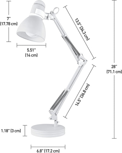 52024 28" Swing Arm Architect Desk Lamp, Matte White, Rotary Switch on Shade, Partially Adjustable Arm, Modern Lighting for Bedroom or Office, Timeless, Indoor Lights