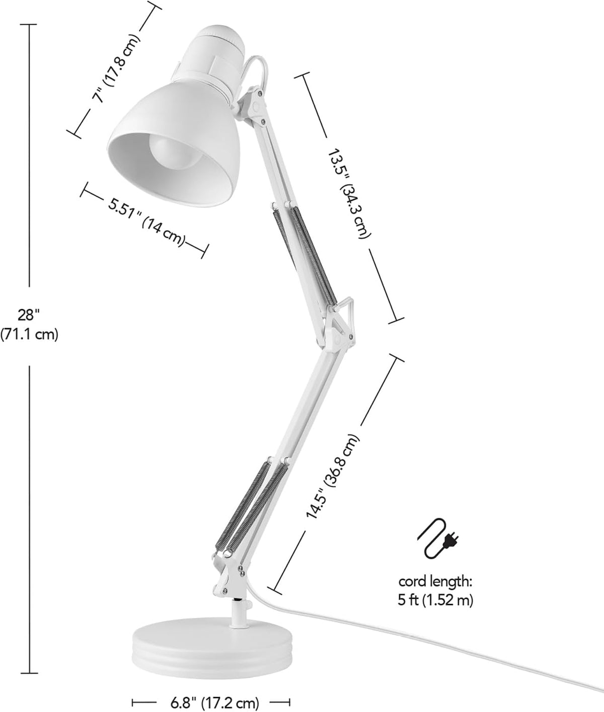 52024 28" Swing Arm Architect Desk Lamp, Matte White, Rotary Switch on Shade, Partially Adjustable Arm, Modern Lighting for Bedroom or Office, Timeless, Indoor Lights