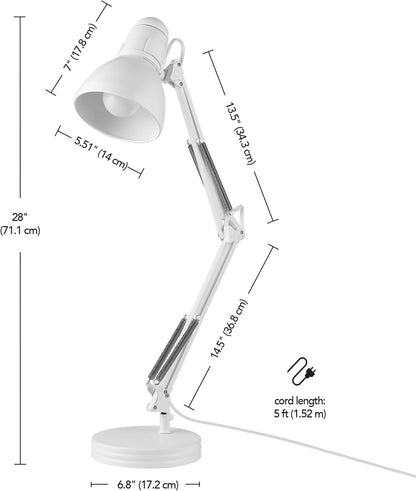 52024 28" Swing Arm Architect Desk Lamp, Matte White, Rotary Switch on Shade, Partially Adjustable Arm, Modern Lighting for Bedroom or Office, Timeless, Indoor Lights