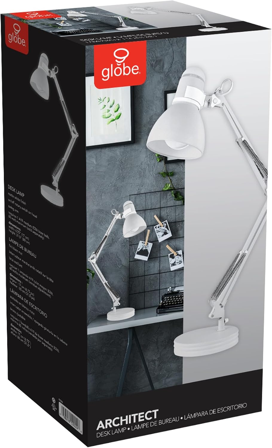 52024 28" Swing Arm Architect Desk Lamp, Matte White, Rotary Switch on Shade, Partially Adjustable Arm, Modern Lighting for Bedroom or Office, Timeless, Indoor Lights