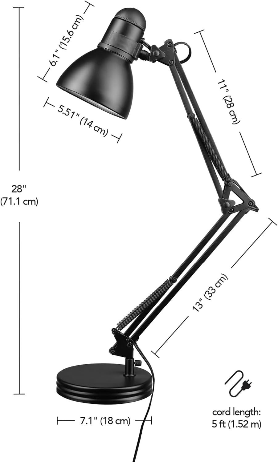 52024 28" Swing Arm Architect Desk Lamp, Matte White, Rotary Switch on Shade, Partially Adjustable Arm, Modern Lighting for Bedroom or Office, Timeless, Indoor Lights