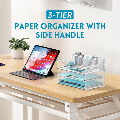 3 Tier Desk Organizer with Pen Holder Mesh Paper Trays with Handle White