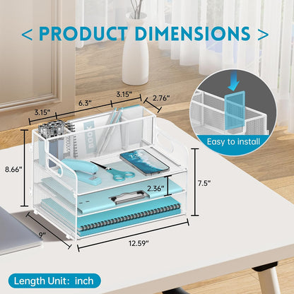3 Tier Desk Organizer with Pen Holder Mesh Paper Trays with Handle White