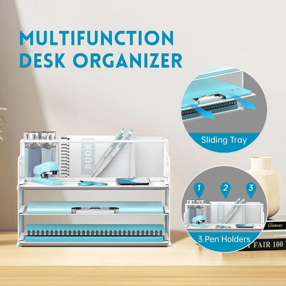 3 Tier Desk Organizer with Pen Holder Mesh Paper Trays with Handle White