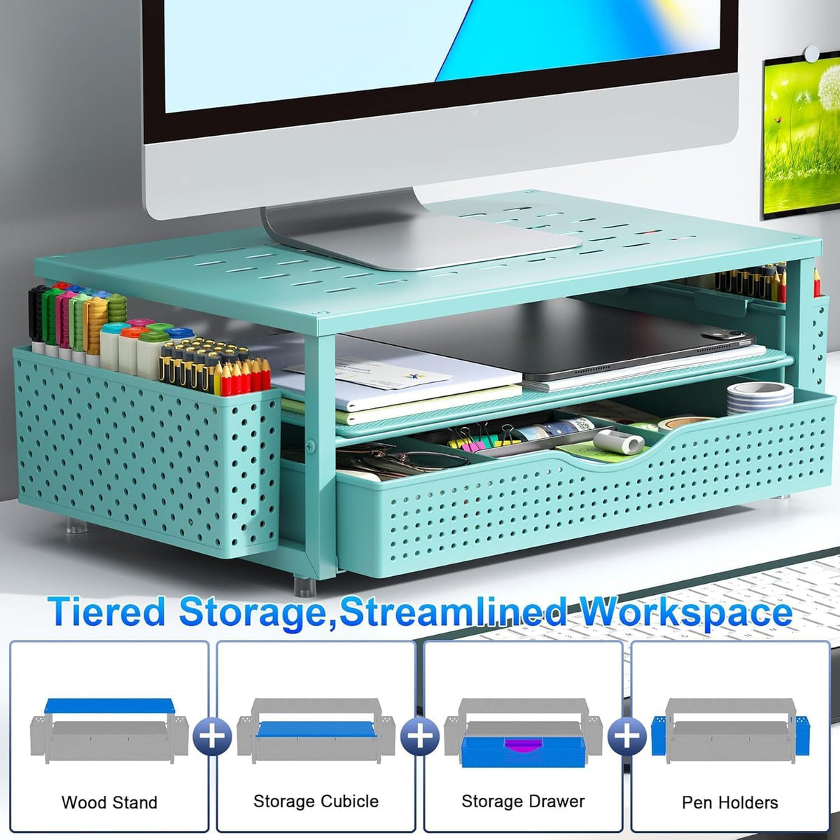 Monitor Stand with Drawer and 2 Pen Holders