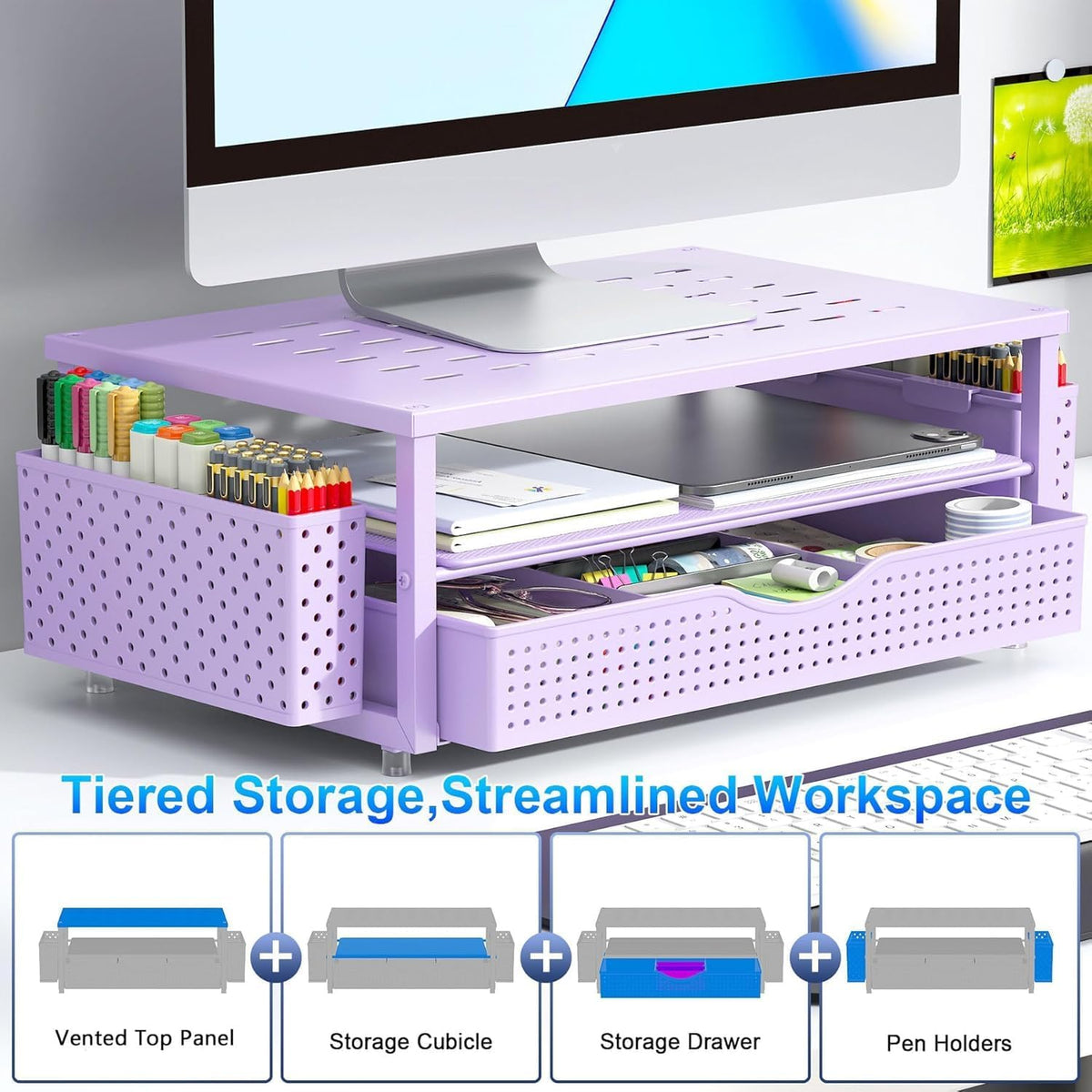 Monitor Stand with Drawer and 2 Pen Holders