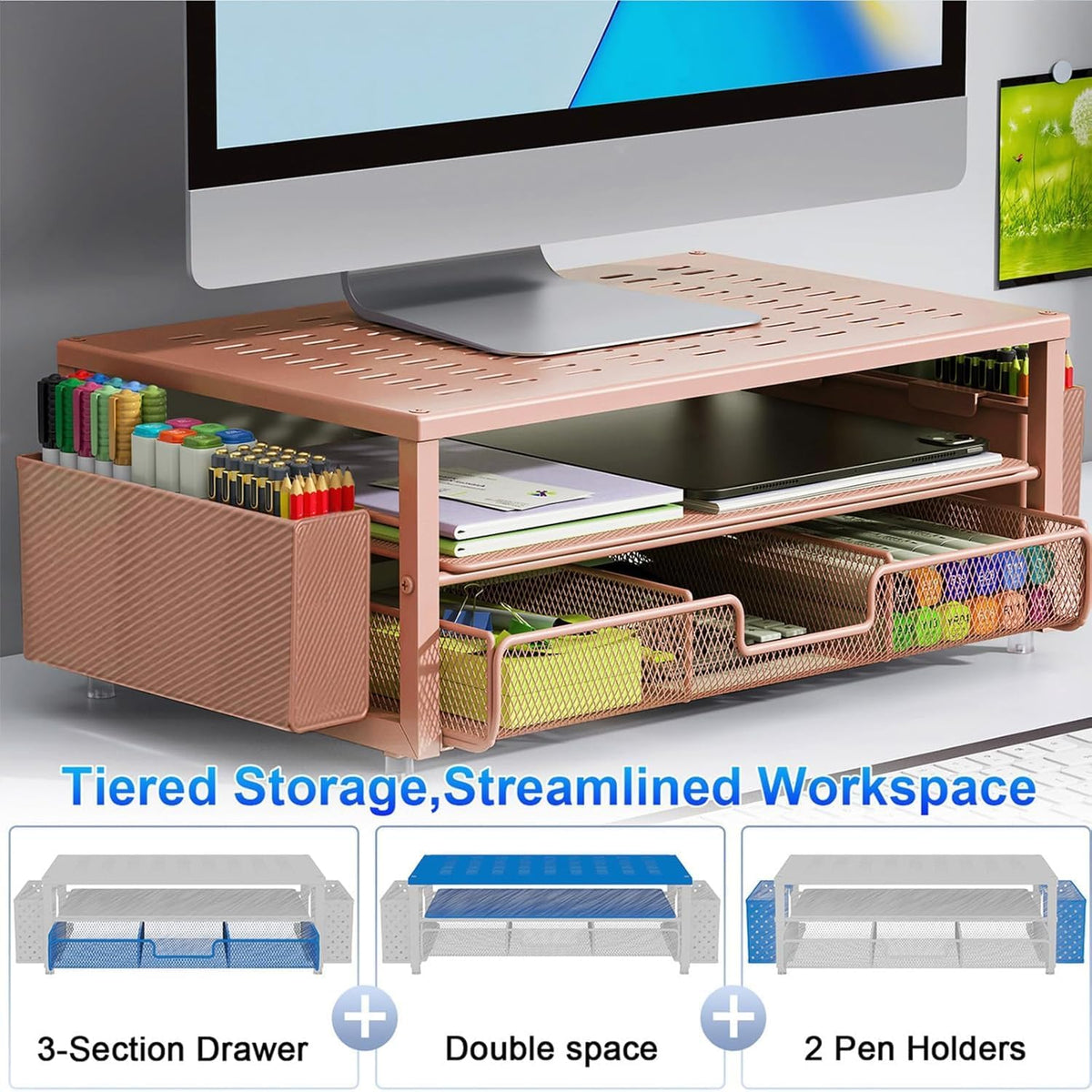 Monitor Stand with Drawer and 2 Pen Holders