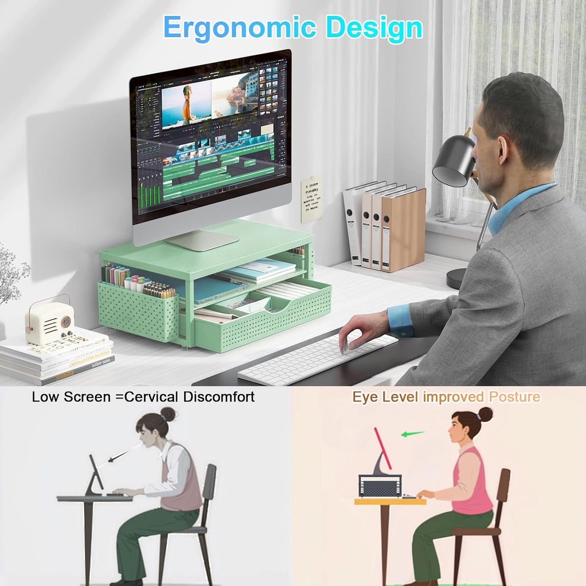 Monitor Stand with Drawer and 2 Pen Holders