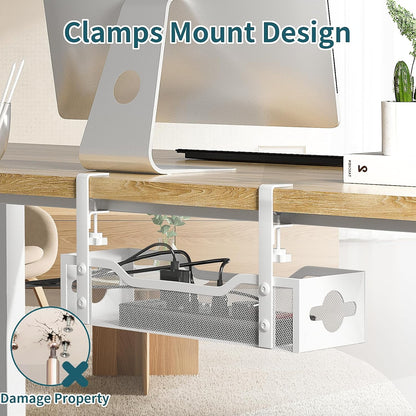 Under Desk Cable Management Tray No Drill, Metal Mesh Cable Management Under Desk with Clamp Mount, 2 Hole Cable Tray with Wire Management and Cord Organizer for Home Office Standing Desk