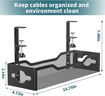 Under Desk Cable Management Tray No Drill, Metal Mesh Cable Management Under Desk with Clamp Mount, 2 Hole Cable Tray with Wire Management and Cord Organizer for Home Office Standing Desk