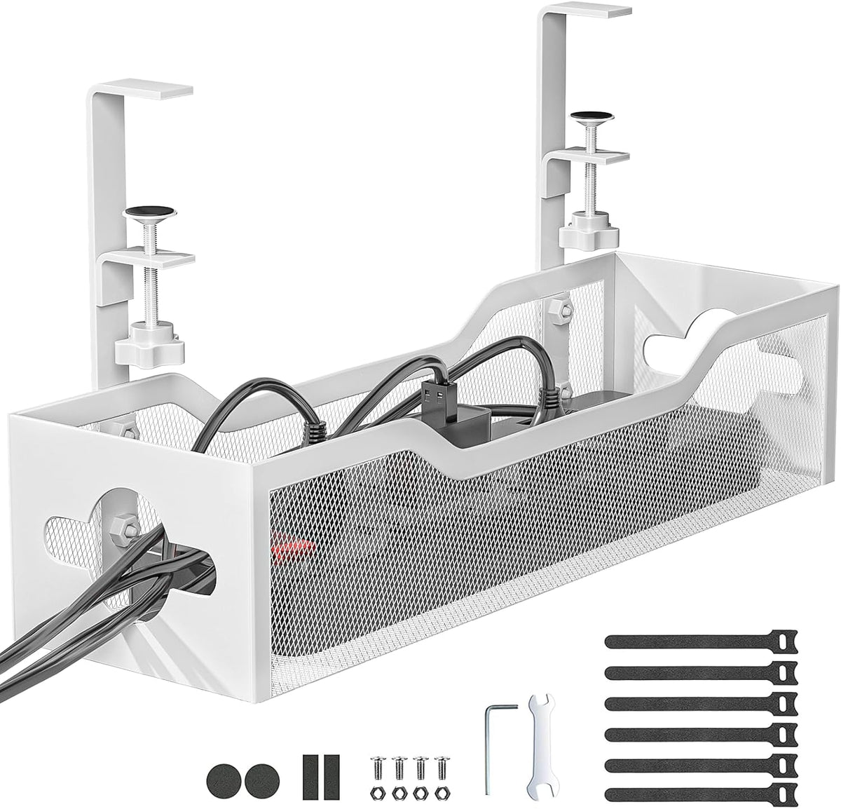 Under Desk Cable Management Tray No Drill, Metal Mesh Cable Management Under Desk with Clamp Mount, 2 Hole Cable Tray with Wire Management and Cord Organizer for Home Office Standing Desk