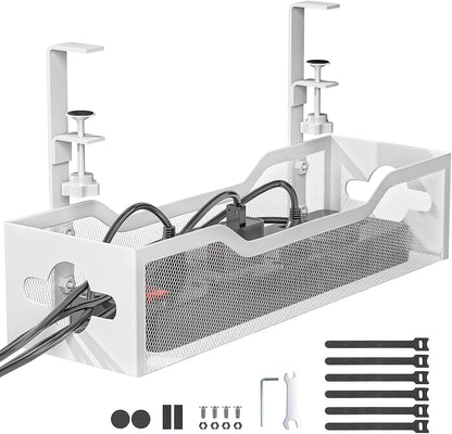Under Desk Cable Management Tray No Drill, Metal Mesh Cable Management Under Desk with Clamp Mount, 2 Hole Cable Tray with Wire Management and Cord Organizer for Home Office Standing Desk