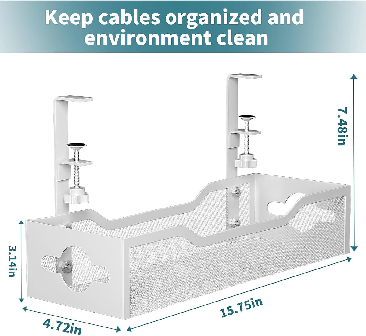 Under Desk Cable Management Tray No Drill, Metal Mesh Cable Management Under Desk with Clamp Mount, 2 Hole Cable Tray with Wire Management and Cord Organizer for Home Office Standing Desk