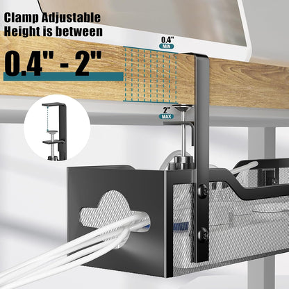 Under Desk Cable Management Tray No Drill, Metal Mesh Cable Management Under Desk with Clamp Mount, 2 Hole Cable Tray with Wire Management and Cord Organizer for Home Office Standing Desk