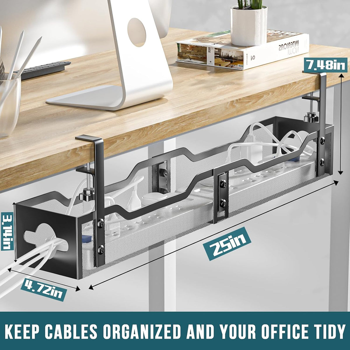 Under Desk Cable Management Tray No Drill, Metal Mesh Cable Management Under Desk with Clamp Mount, 2 Hole Cable Tray with Wire Management and Cord Organizer for Home Office Standing Desk