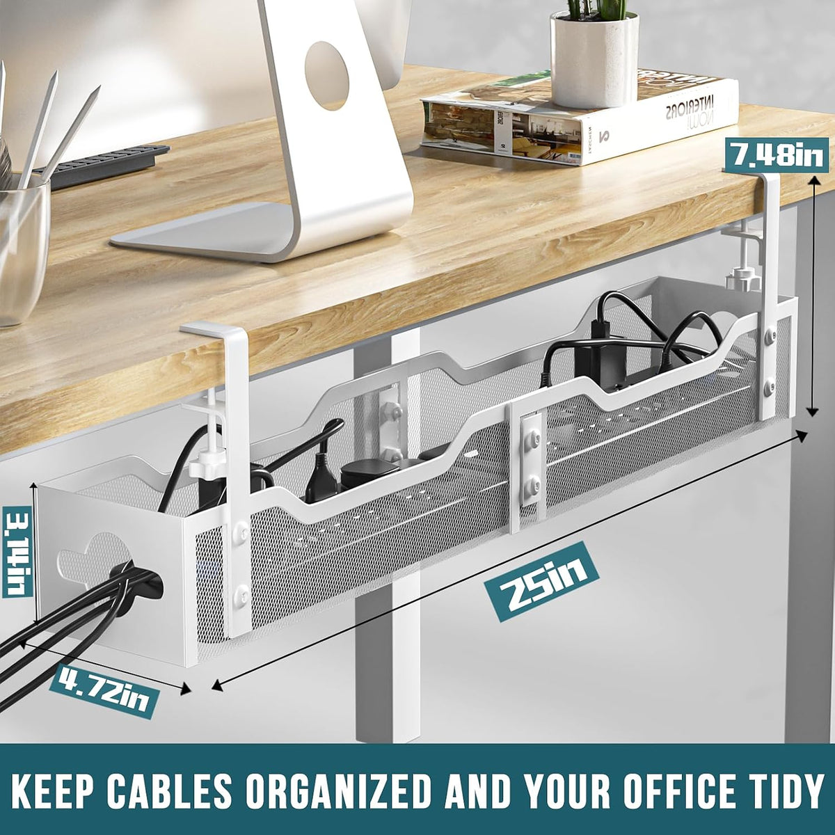 Under Desk Cable Management Tray No Drill, Metal Mesh Cable Management Under Desk with Clamp Mount, 2 Hole Cable Tray with Wire Management and Cord Organizer for Home Office Standing Desk