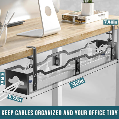 Under Desk Cable Management Tray No Drill, Metal Mesh Cable Management Under Desk with Clamp Mount, 2 Hole Cable Tray with Wire Management and Cord Organizer for Home Office Standing Desk