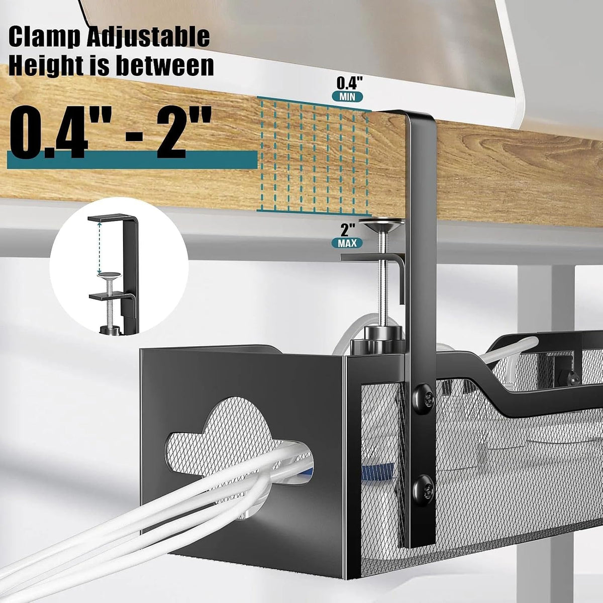Under Desk Cable Management Tray No Drill, Metal Mesh Cable Management Under Desk with Clamp Mount, 2 Hole Cable Tray with Wire Management and Cord Organizer for Home Office Standing Desk