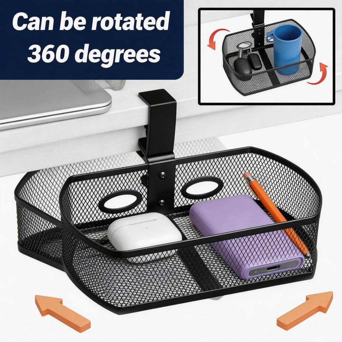 Clamp On Desk Organizer, Hanging Desk Shelf with Clamp, Metal Mesh Desk Drawer Attachment for Office Supplies, Phone, Pens, Glasses, No Drill Under Desk Storage