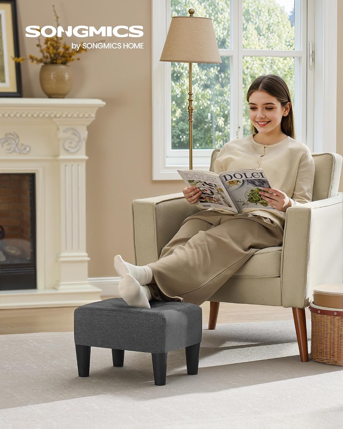 SONGMICS Foot Stool, Small Linen-Look Fabric Ottoman with Thick Cushion