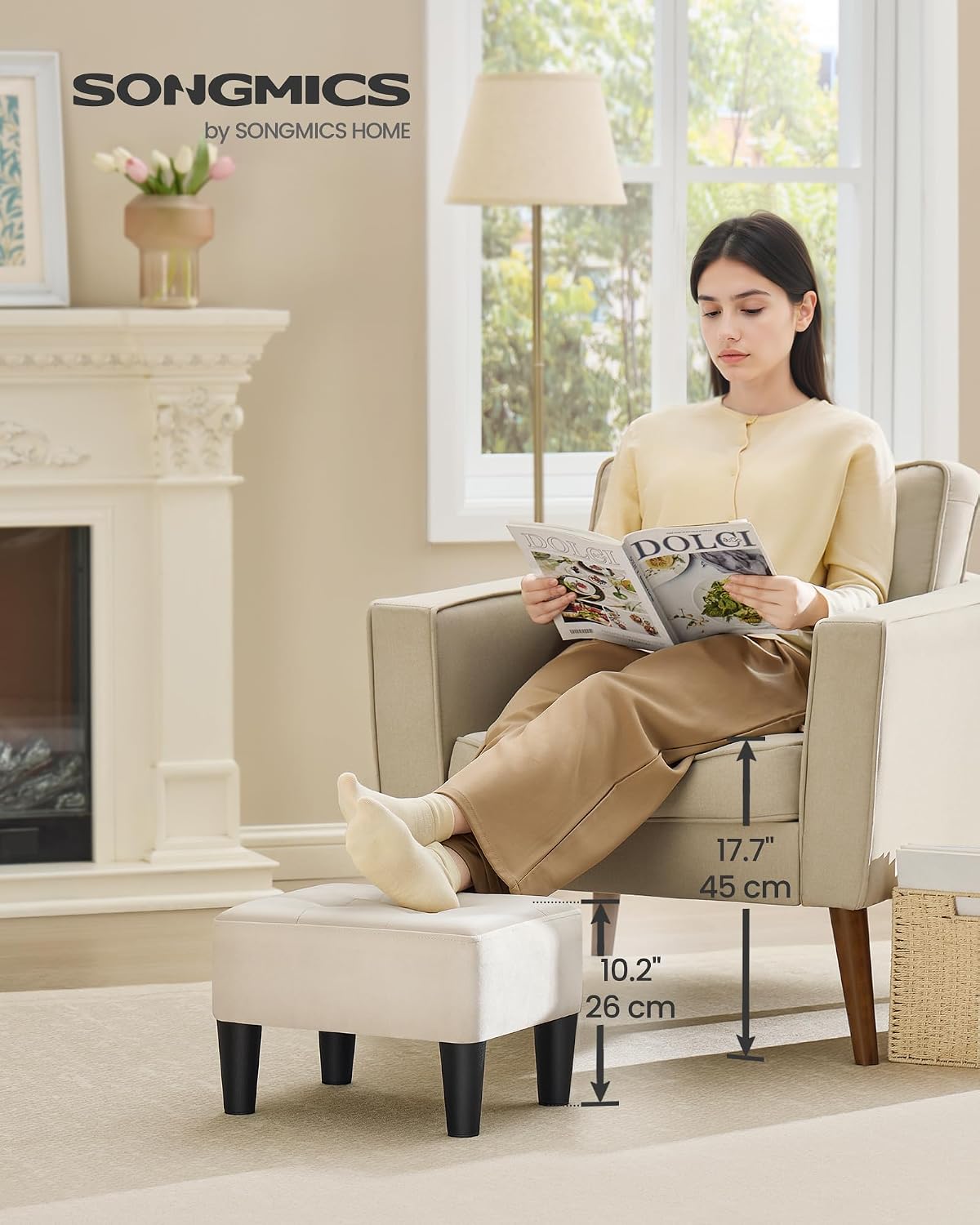 SONGMICS Foot Stool, Small Linen-Look Fabric Ottoman with Thick Cushion