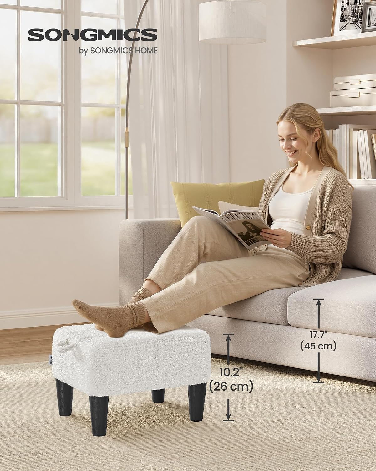 SONGMICS Foot Stool, Small Linen-Look Fabric Ottoman with Thick Cushion