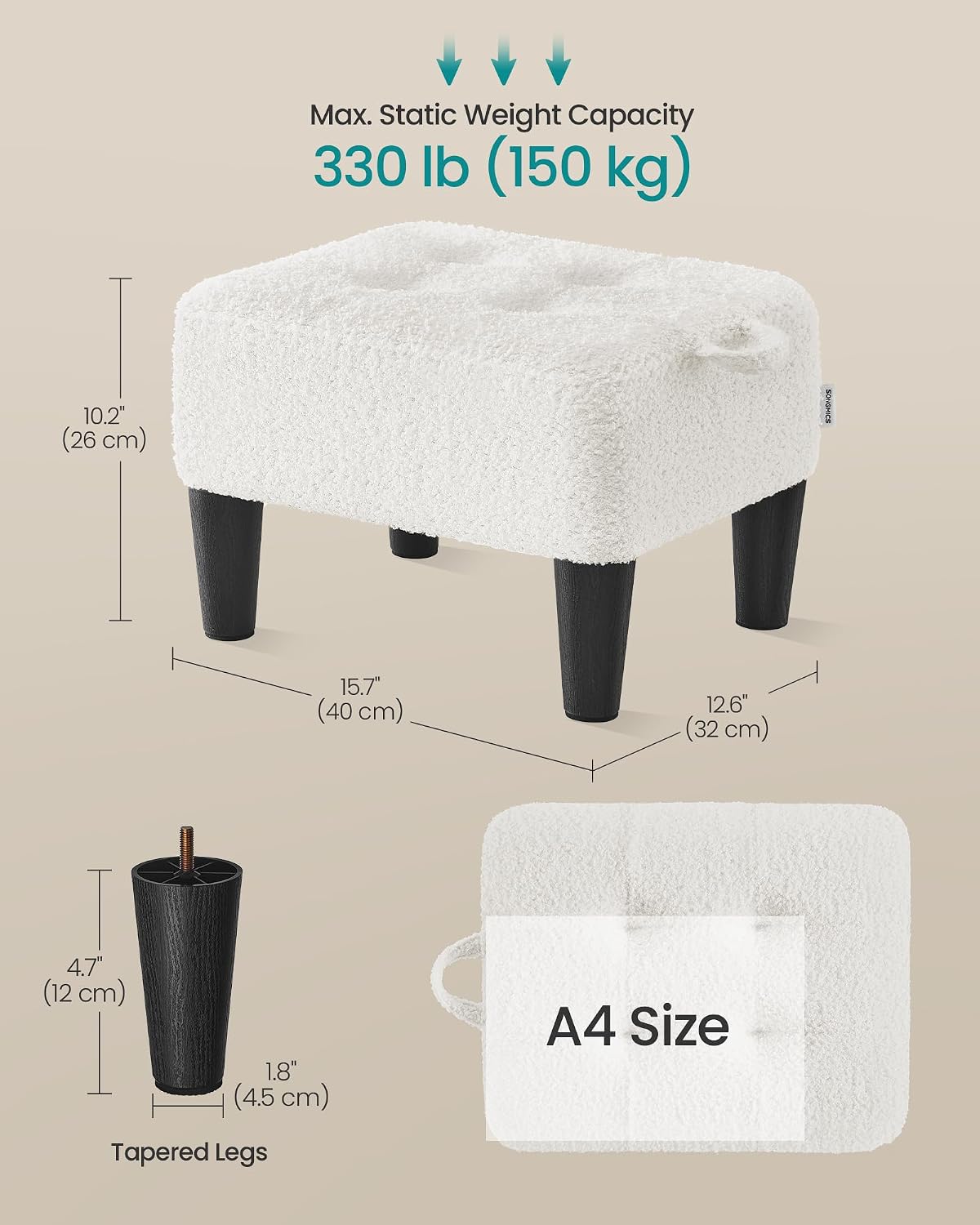 SONGMICS Foot Stool, Small Linen-Look Fabric Ottoman with Thick Cushion