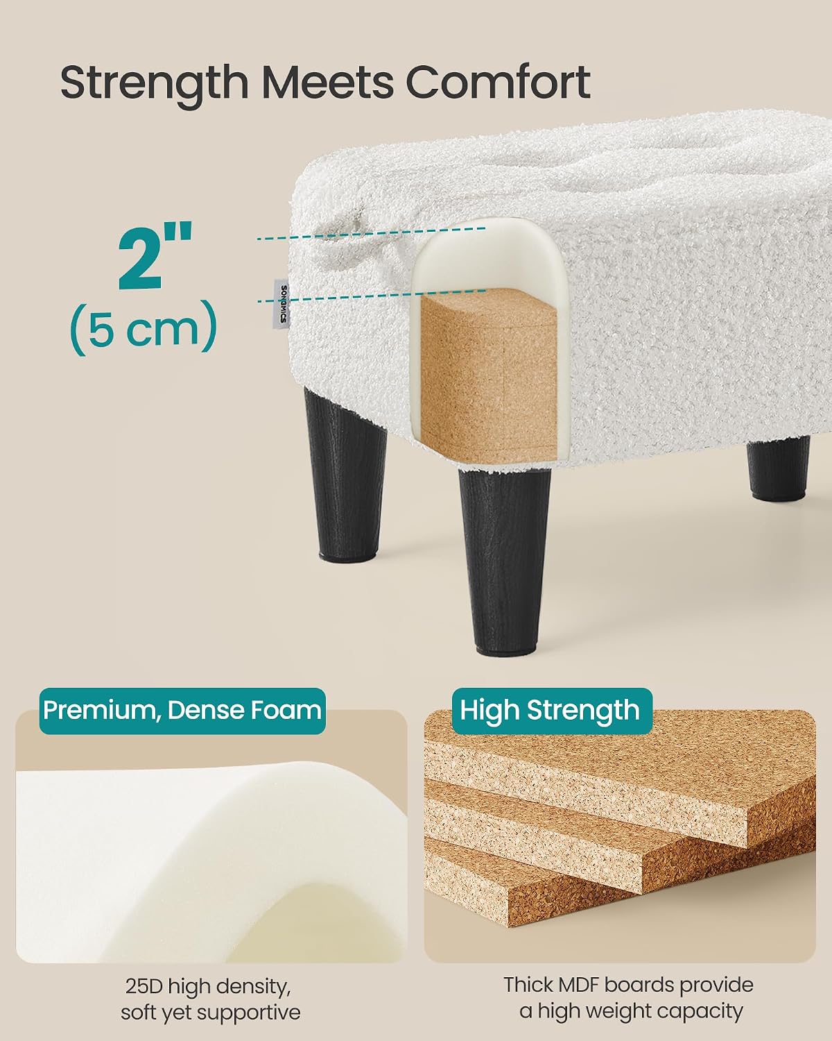 SONGMICS Foot Stool, Small Linen-Look Fabric Ottoman with Thick Cushion