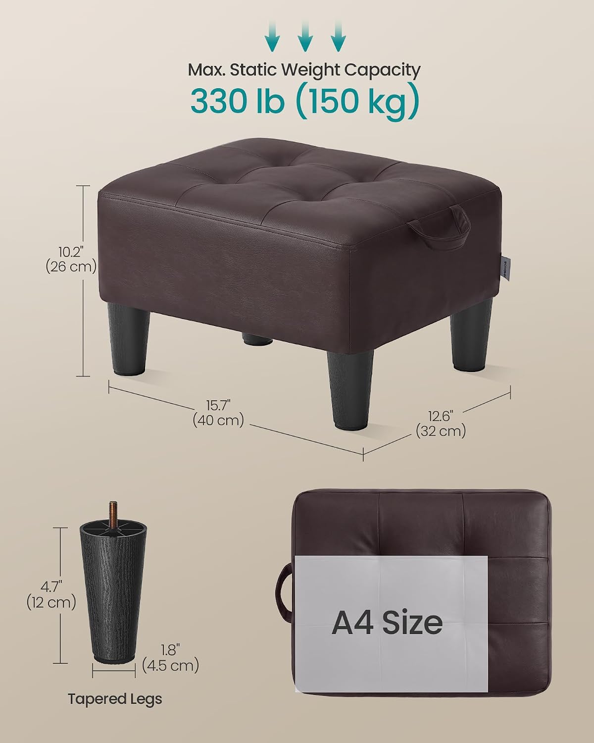 SONGMICS Foot Stool, Small Linen-Look Fabric Ottoman with Thick Cushion