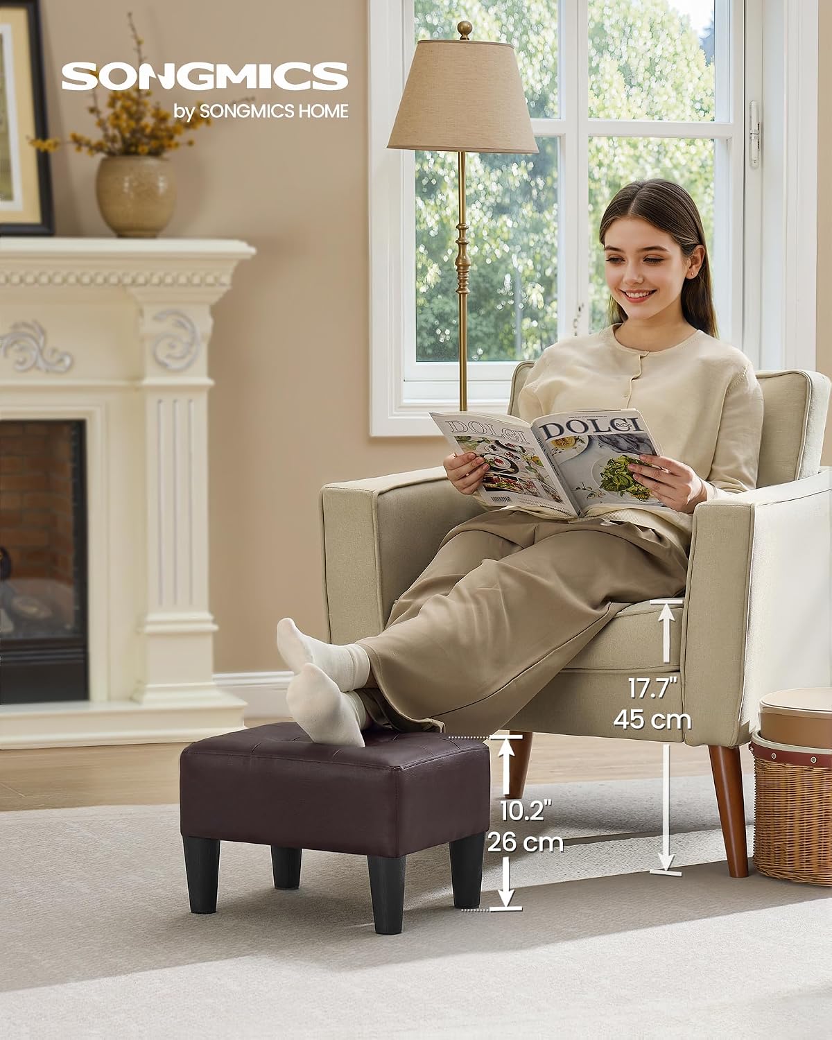 SONGMICS Foot Stool, Small Linen-Look Fabric Ottoman with Thick Cushion