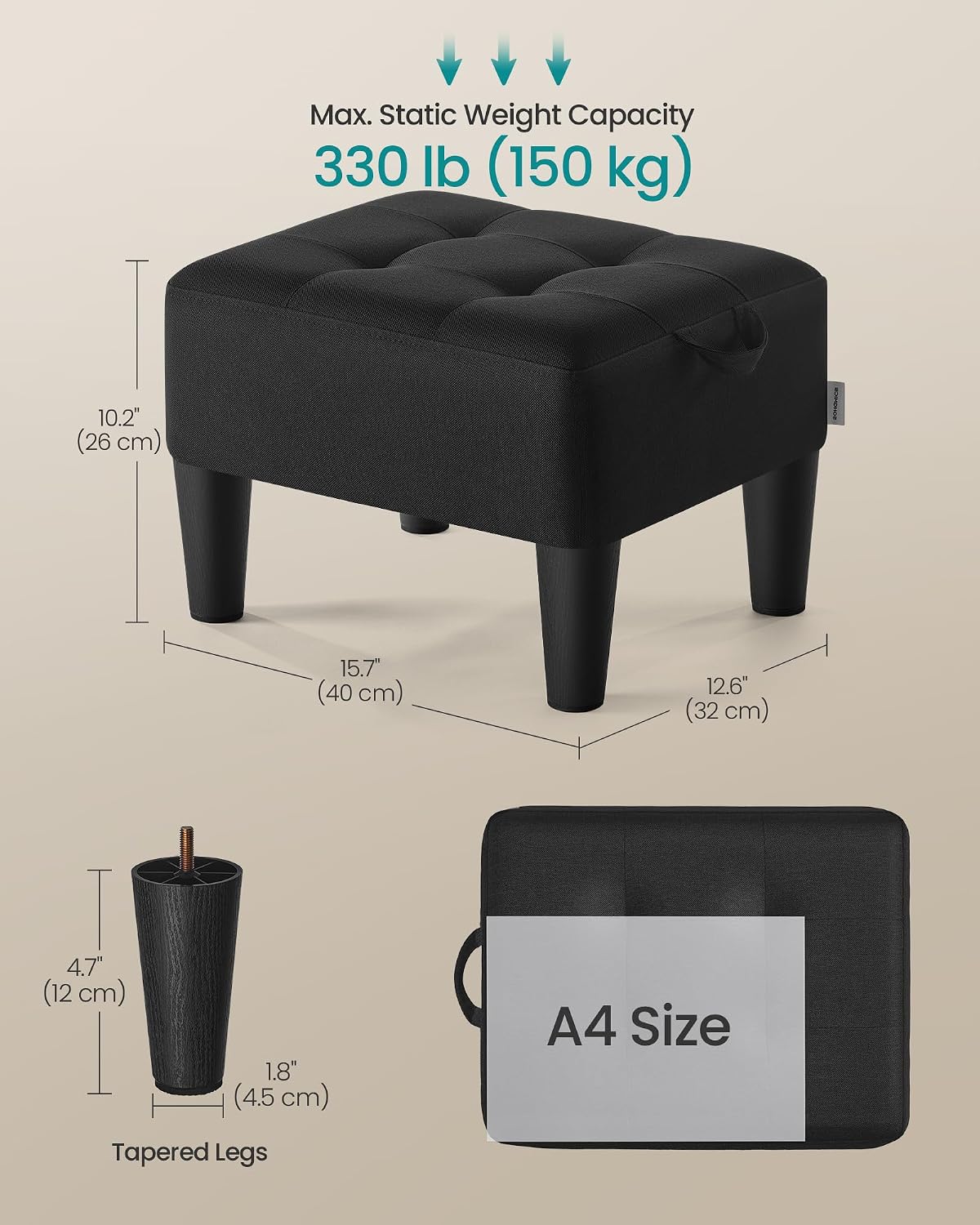SONGMICS Foot Stool, Small Linen-Look Fabric Ottoman with Thick Cushion