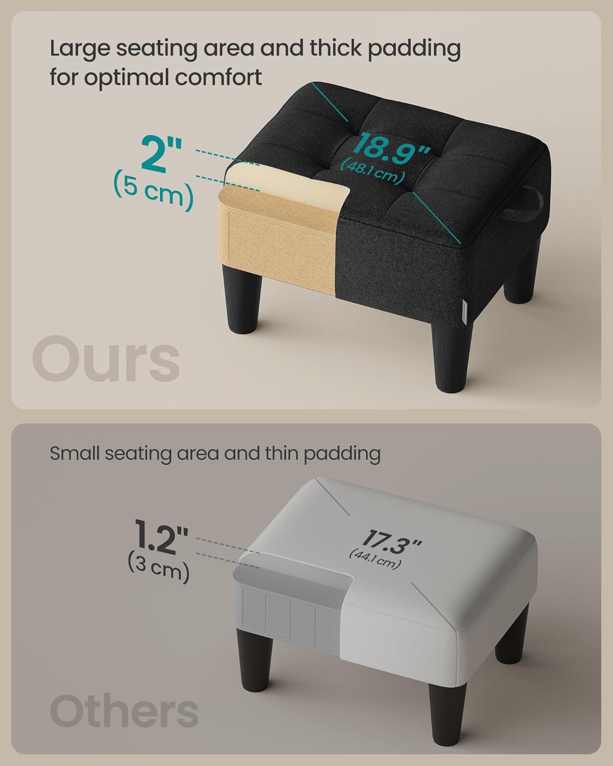 SONGMICS Foot Stool, Small Linen-Look Fabric Ottoman with Thick Cushion