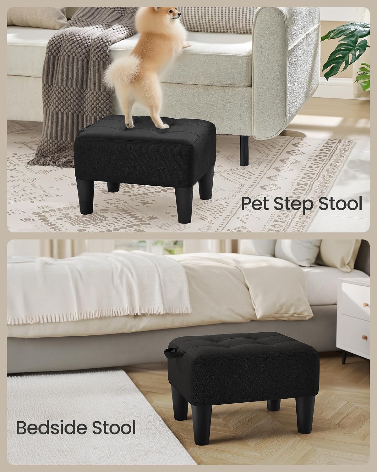 SONGMICS Foot Stool, Small Linen-Look Fabric Ottoman with Thick Cushion