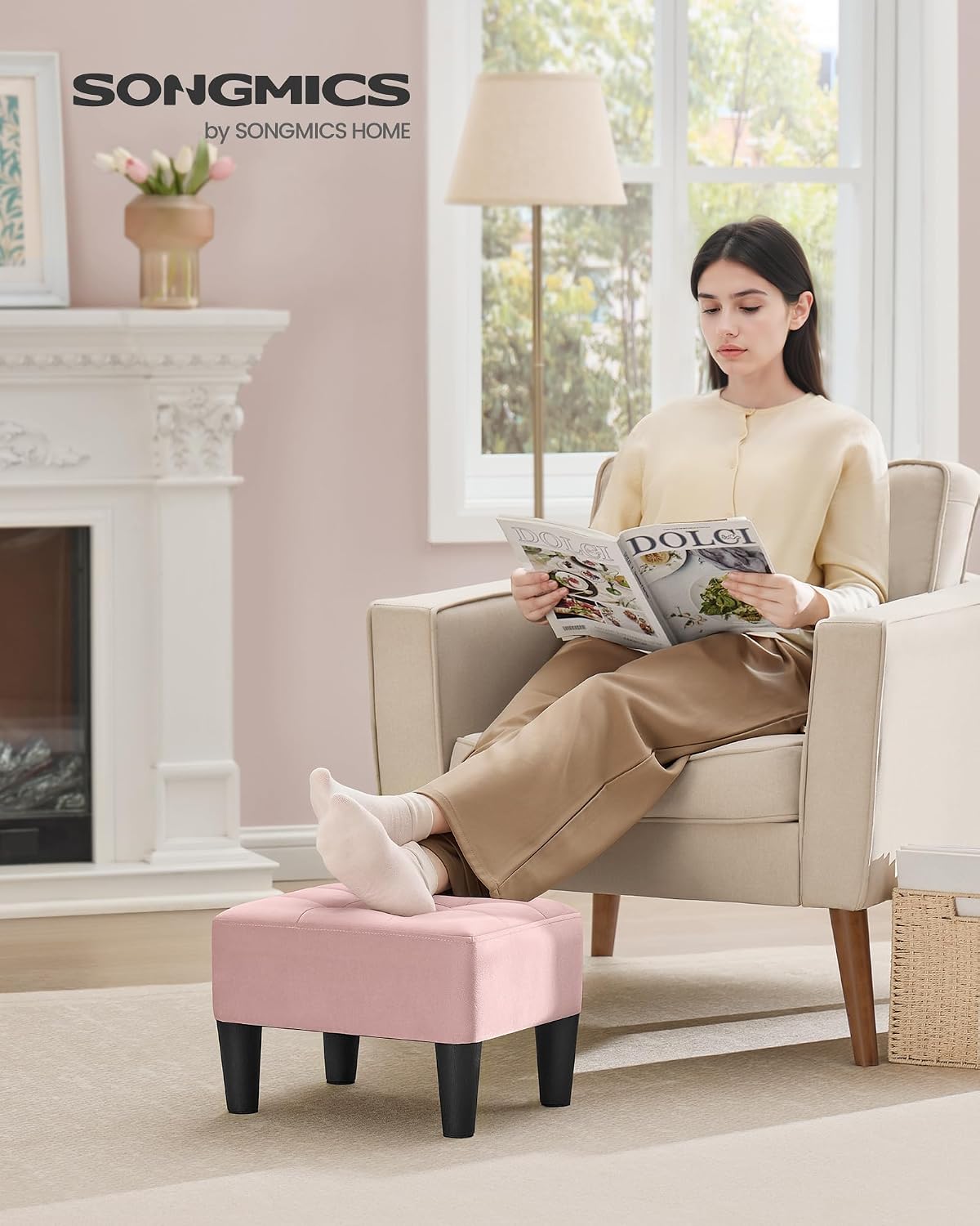 SONGMICS Foot Stool, Small Linen-Look Fabric Ottoman with Thick Cushion