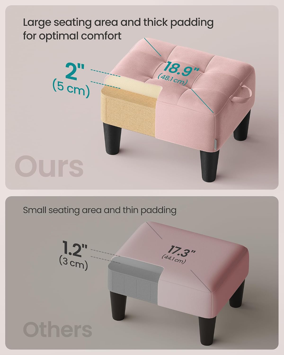SONGMICS Foot Stool, Small Linen-Look Fabric Ottoman with Thick Cushion