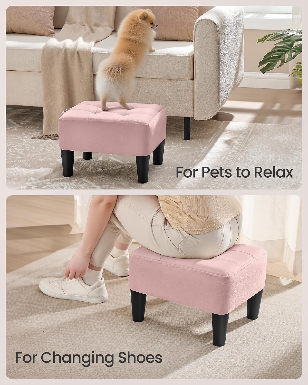 SONGMICS Foot Stool, Small Linen-Look Fabric Ottoman with Thick Cushion